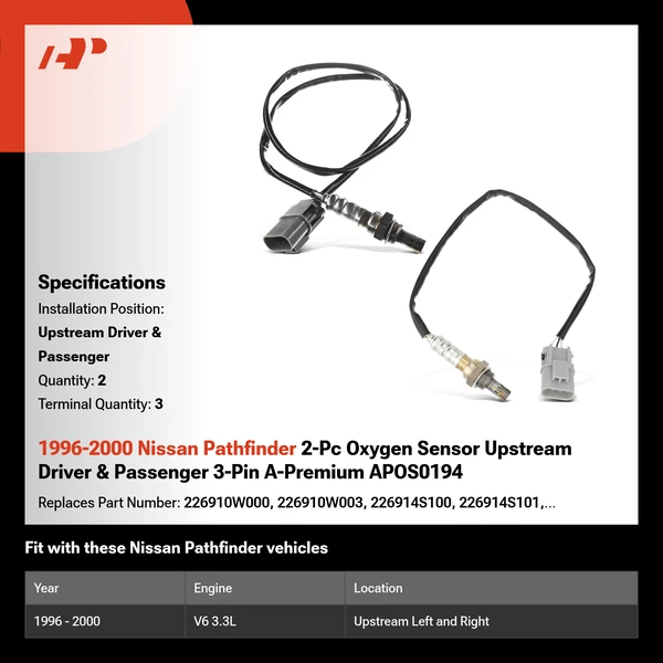 1996-2000 Nissan Pathfinder 2-Pc Oxygen Sensor Upstream Driver & Passenger 3-Pin A-Premium APOS0194