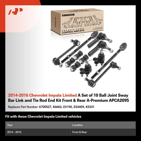 2014-2016 Chevrolet Impala Limited A Set of 10 Ball Joint Sway Bar Link and Tie Rod End Kit Front & Rear A-Premium APCA2095