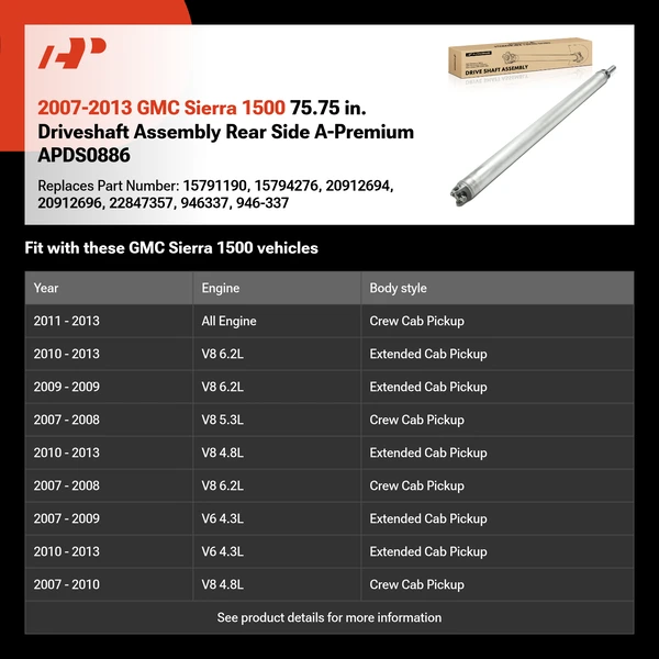 2007-2013 GMC Sierra 1500 75.75 in. Driveshaft Assembly Rear Side A-Premium APDS0886