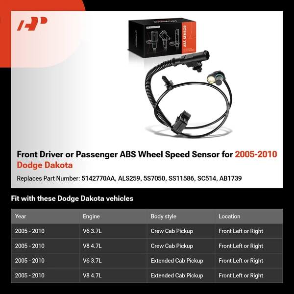 Front Driver or Passenger ABS Wheel Speed Sensor for 2005-2010 Dodge Dakota