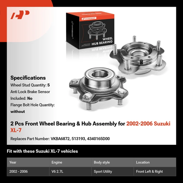 2 Pcs Front Wheel Bearing & Hub Assembly for 2002-2006 Suzuki XL-7