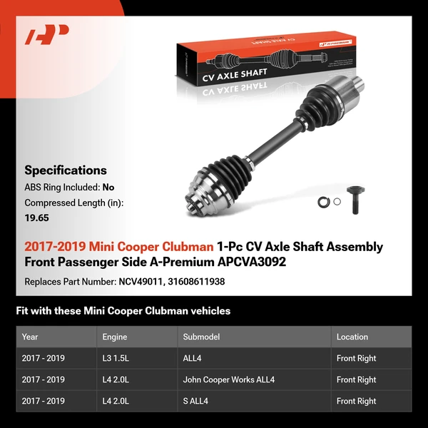 2017-2019 Mini Cooper Clubman 1-Pc CV Axle Shaft Assembly Front Passenger Side A-Premium APCVA3092