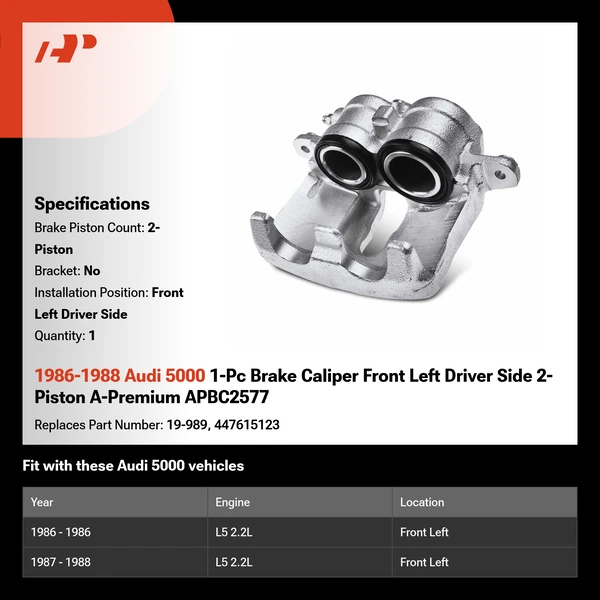 1986-1988 Audi 5000 1-Pc Brake Caliper Front Left Driver Side 2-Piston A-Premium APBC2577