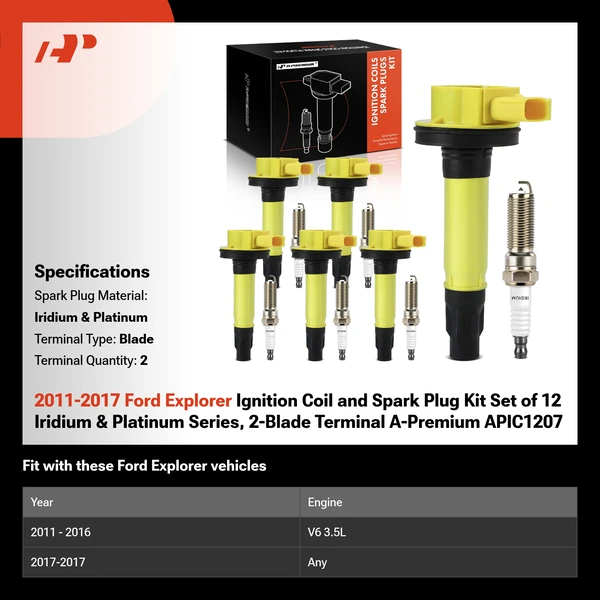 2011-2017 Ford Explorer Ignition Coil and Spark Plug Kit Set of 12 Iridium & Platinum Series, 2-Blade Terminal A-Premium APIC1207