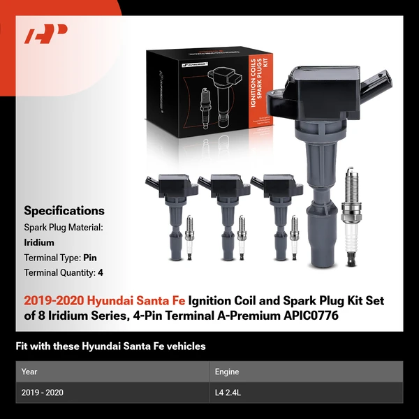 2019-2020 Hyundai Santa Fe Ignition Coil and Spark Plug Kit Set of 8 Iridium Series, 4-Pin Terminal A-Premium APIC0776