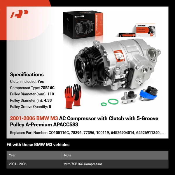 2001-2006 BMW M3 AC Compressor with Clutch with 5-Groove Pulley A-Premium APACC583