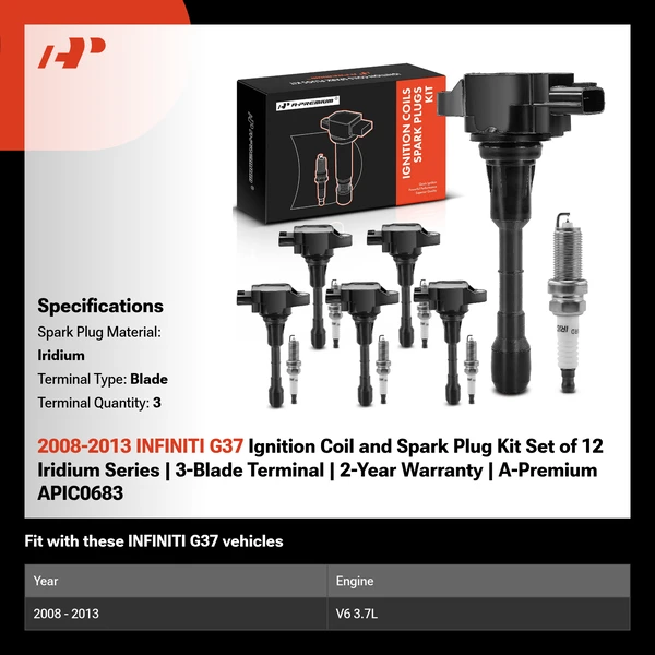Ignition Coil and Spark Plug Kit Set of 6 Iridium Series, 3-Blade Terminal A-Premium APIC0683