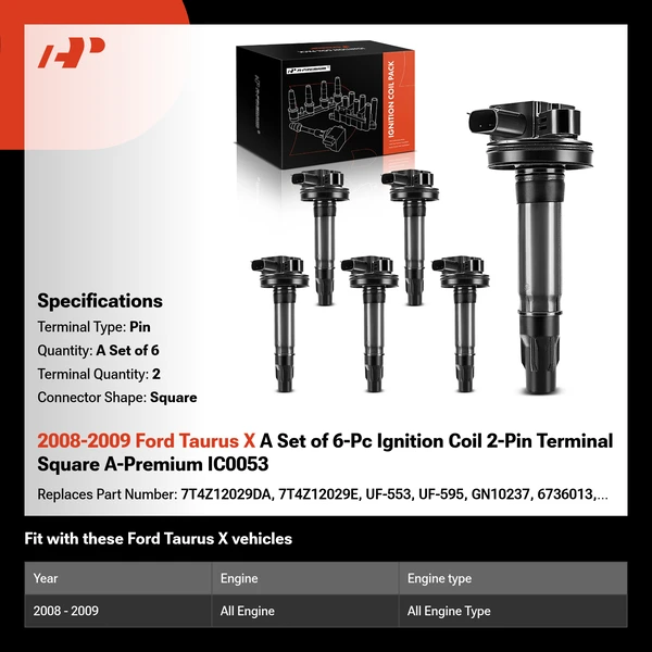 2008-2009 Ford Taurus X A Set of 6-Pc Ignition Coil 2-Pin Terminal Square A-Premium IC0053