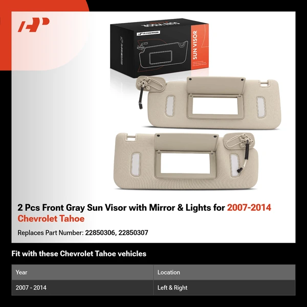 2 Pcs Front Gray Sun Visor with Mirror & Lights for 2007-2014 Chevrolet Tahoe