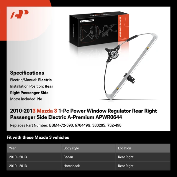 2010-2013 Mazda 3 1-Pc Power Window Regulator Rear Right Passenger Side Electric A-Premium APWR0644
