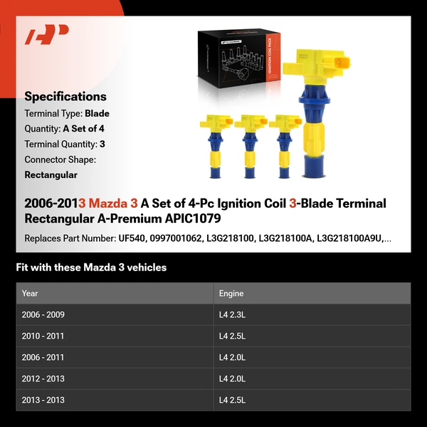 2006-2013 Mazda 3 A Set of 4-Pc Ignition Coil 3-Blade Terminal Rectangular A-Premium APIC1079