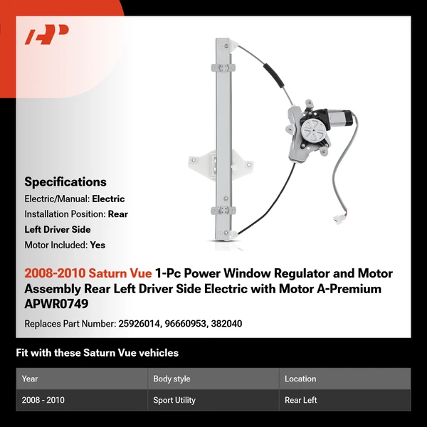 2008-2010 Saturn Vue 1-Pc Power Window Regulator and Motor Assembly Rear Left Driver Side Electric with Motor A-Premium APWR0749