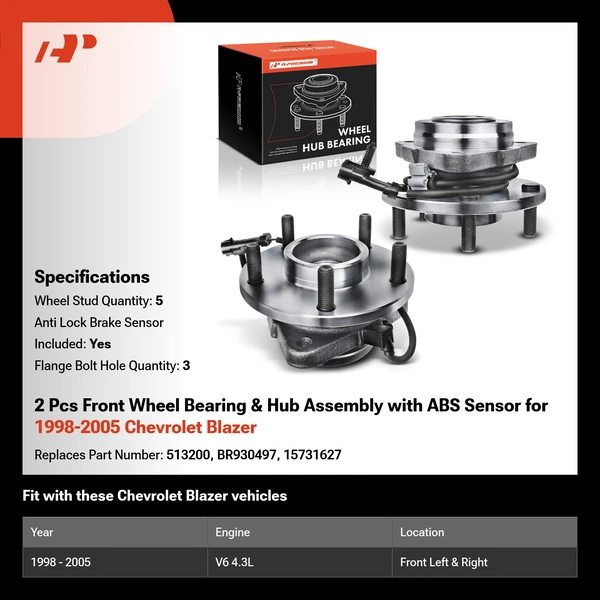 2 Pcs Front Wheel Bearing & Hub Assembly with ABS Sensor for 1998-2005 Chevrolet Blazer