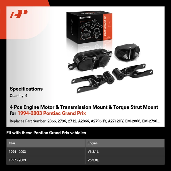 4 Pcs Engine Motor & Transmission Mount & Torque Strut Mount for 1994-2003 Pontiac Grand Prix