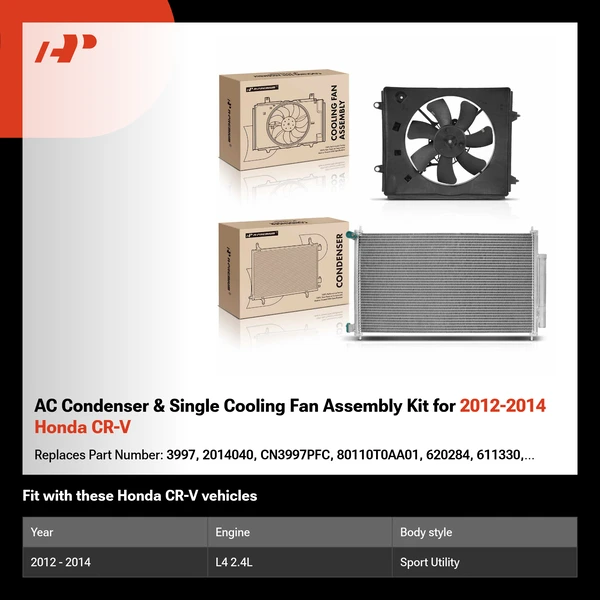 AC Condenser & Single Cooling Fan Assembly Kit for 2012-2014 Honda CR-V
