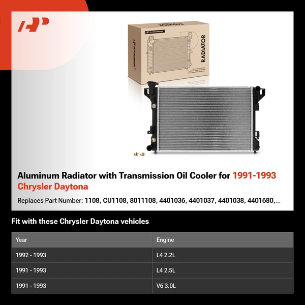 Aluminum Radiator with Transmission Oil Cooler for 1991-1993 Chrysler Daytona