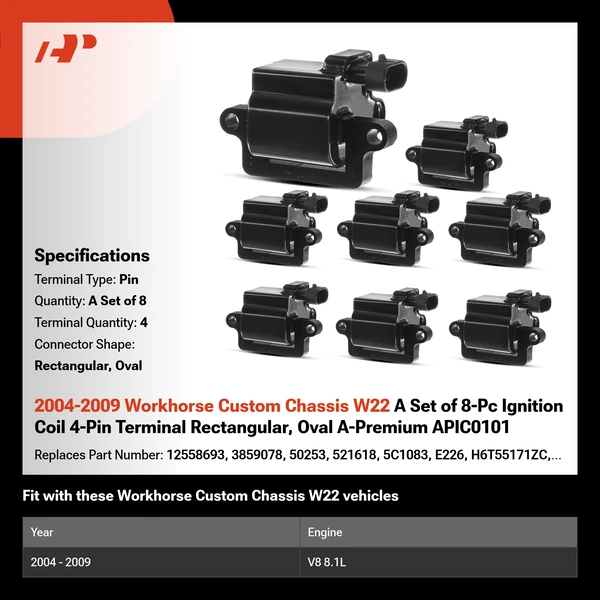 2004-2009 Workhorse Custom Chassis W22 A Set of 8-Pc Ignition Coil 4-Pin Terminal Rectangular, Oval A-Premium APIC0101