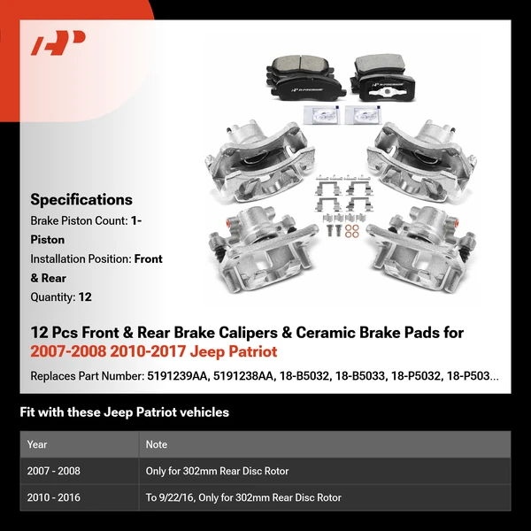 12 Pcs Front & Rear Brake Calipers & Ceramic Brake Pads for 2007-2008 2010-2017 Jeep Patriot