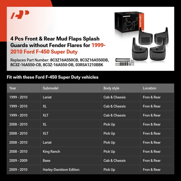 4 Pcs Front & Rear Mud Flaps Splash Guards without Fender Flares for 1999-2010 Ford F-450 Super Duty