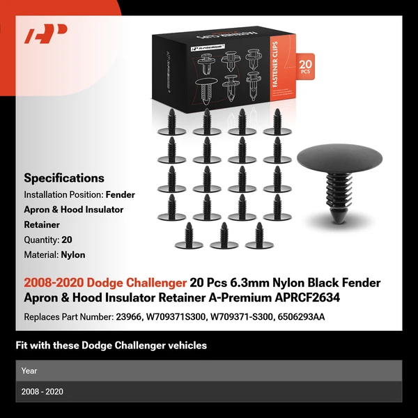 2008-2020 Dodge Challenger 20 Pcs 6.3mm Nylon Black Fender Apron & Hood Insulator Retainer A-Premium APRCF2634