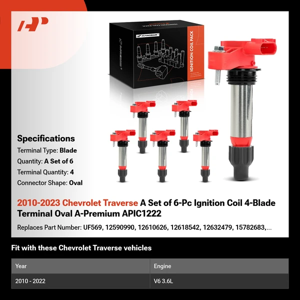 2010-2023 Chevrolet Traverse A Set of 6-Pc Ignition Coil 4-Blade Terminal Oval A-Premium APIC1222