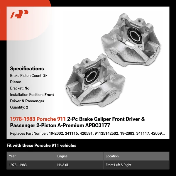 1978-1983 Porsche 911 2-Pc Brake Caliper Front Driver & Passenger 2-Piston A-Premium APBC3177
