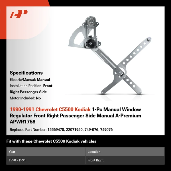 1990-1991 Chevrolet C5500 Kodiak 1-Pc Manual Window Regulator Front Right Passenger Side Manual A-Premium APWR1758