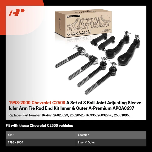 1993-2000 Chevrolet C2500 A Set of 8 Ball Joint Adjusting Sleeve Idler Arm Tie Rod End Kit Inner & Outer A-Premium APCA0697
