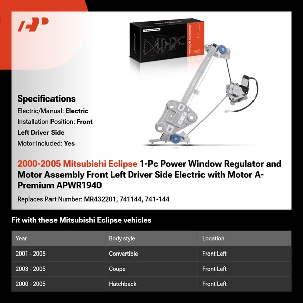 2000-2005 Mitsubishi Eclipse 1-Pc Power Window Regulator and Motor Assembly Front Left Driver Side Electric with Motor A-Premium APWR1940