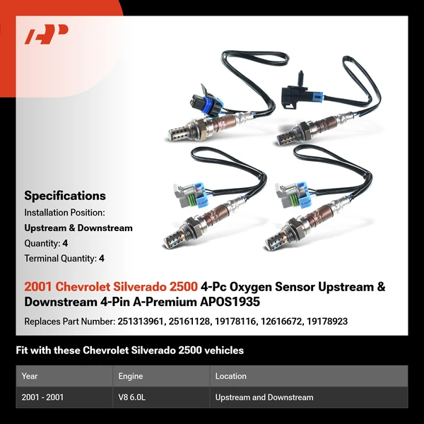 2001 Chevrolet Silverado 2500 4-Pc Oxygen Sensor Upstream & Downstream 4-Pin A-Premium APOS1935