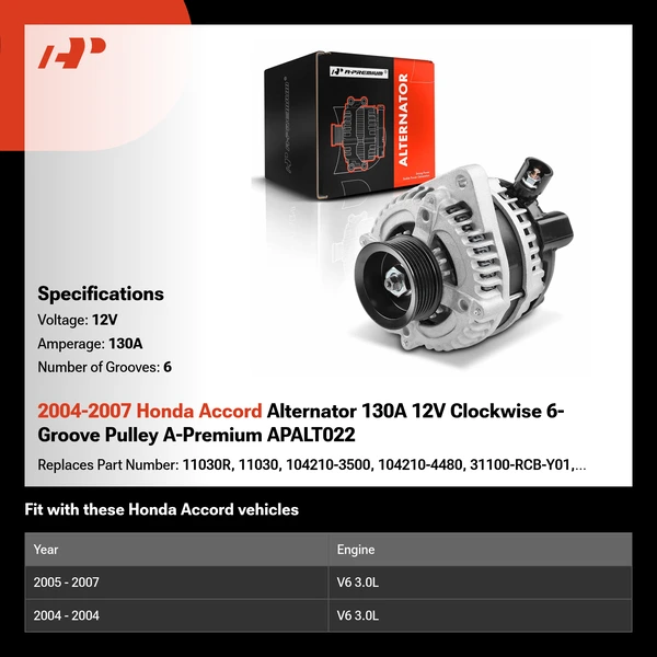 2004-2007 Honda Accord Alternator 130A 12V Clockwise 6-Groove Pulley A-Premium APALT022