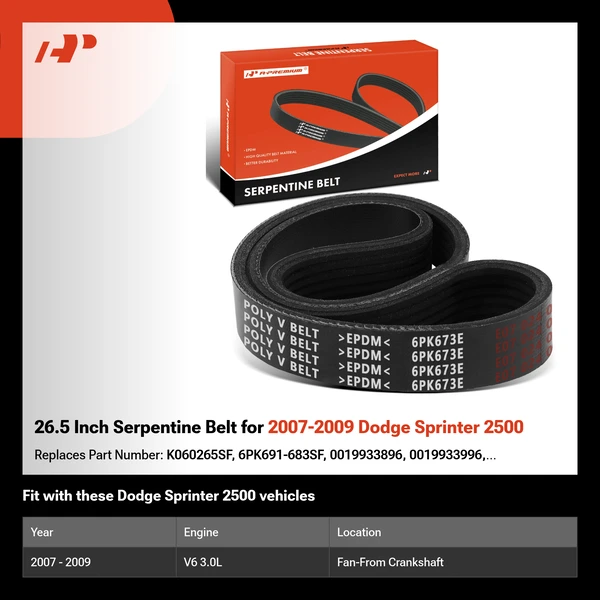 26.5 Inch Serpentine Belt for 2007-2009 Dodge Sprinter 2500