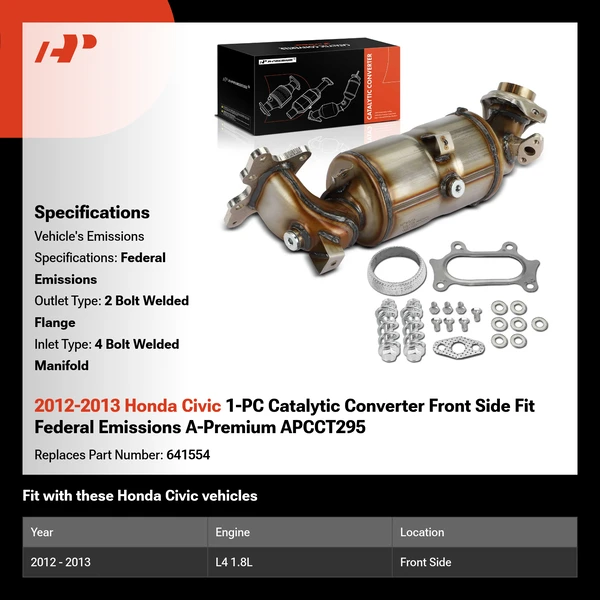 2012-2013 Honda Civic 1-PC Catalytic Converter Front Side Fit Federal Emissions A-Premium APCCT295