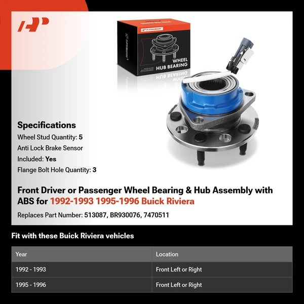 Front Driver or Passenger Wheel Bearing & Hub Assembly with ABS for 1992-1993 1995-1996 Buick Riviera