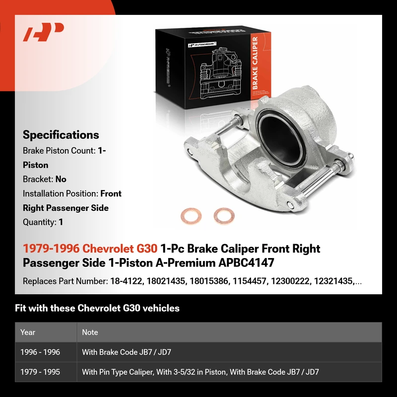 1979-1996 Chevrolet G30 1-Pc Brake Caliper Front Right Passenger Side 1-Piston A-Premium APBC4147