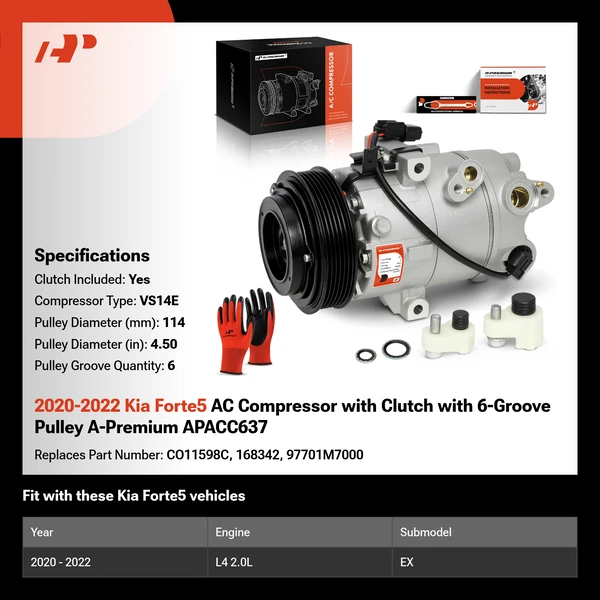 2020-2022 Kia Forte5 AC Compressor with Clutch with 6-Groove Pulley A-Premium APACC637