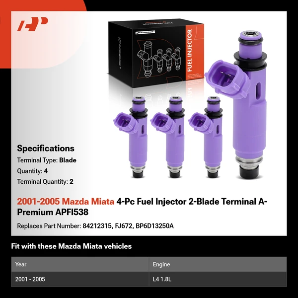 2001-2005 Mazda Miata 4-Pc Fuel Injector 2-Blade Terminal A-Premium APFI538