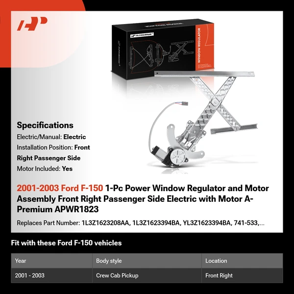 2001-2003 Ford F-150 1-Pc Power Window Regulator and Motor Assembly Front Right Passenger Side Electric with Motor A-Premium APWR1823