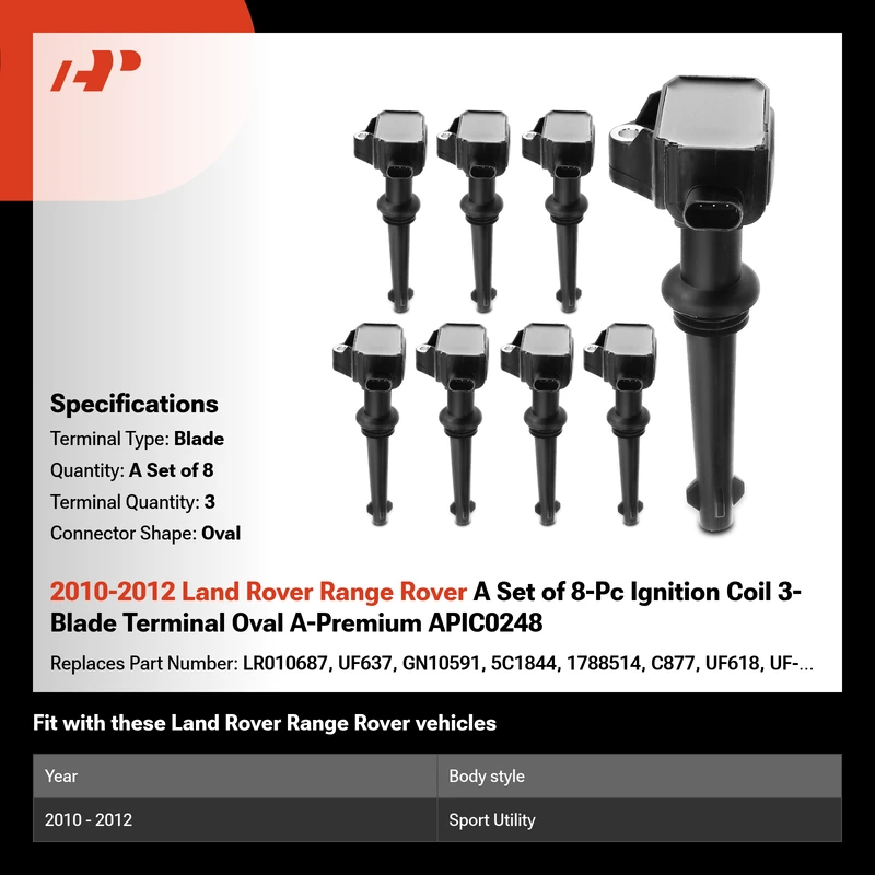 2010-2012 Land Rover Range Rover A Set of 8-Pc Ignition Coil 3-Blade Terminal Oval A-Premium APIC0248
