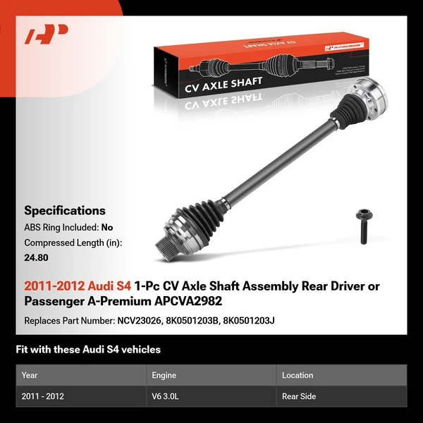 2011-2012 Audi S4 1-Pc CV Axle Shaft Assembly Rear Driver or Passenger A-Premium APCVA2982