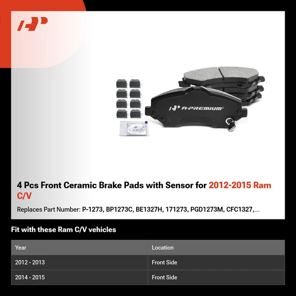 4 Pcs Front Ceramic Brake Pads with Sensor for 2012-2015 Ram C/V
