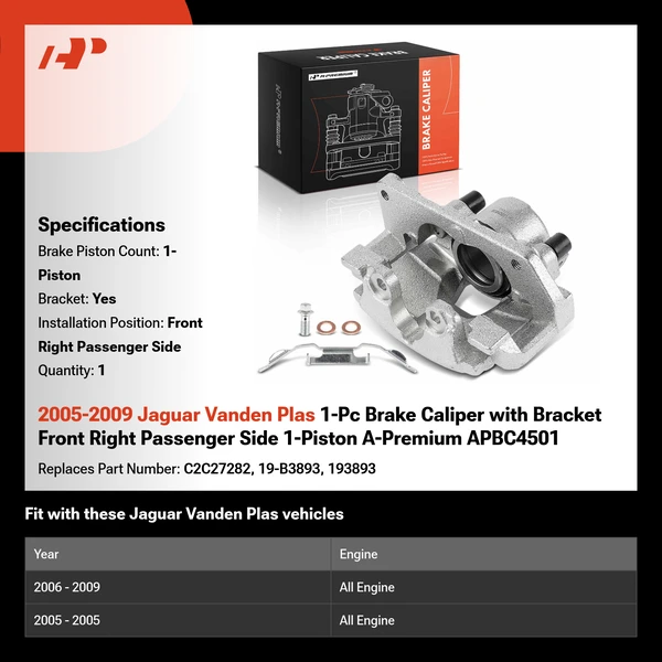 2005-2009 Jaguar Vanden Plas 1-Pc Brake Caliper with Bracket Front Right Passenger Side 1-Piston A-Premium APBC4501