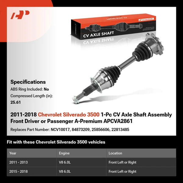 2011-2018 Chevrolet Silverado 3500 1-Pc CV Axle Shaft Assembly Front Driver or Passenger A-Premium APCVA2861