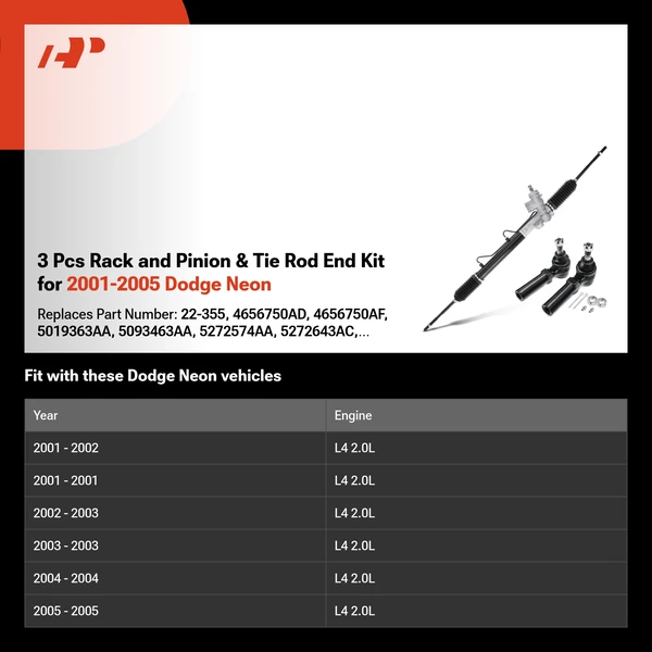 3 Pcs Rack and Pinion & Tie Rod End Kit for 2001-2005 Dodge Neon