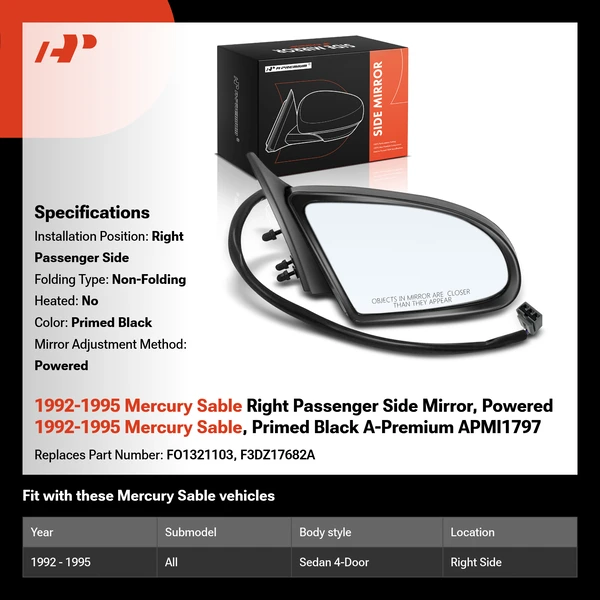 1992-1995 Mercury Sable Right Passenger Side Mirror, Powered 1992-1995 Mercury Sable, Primed Black A-Premium APMI1797