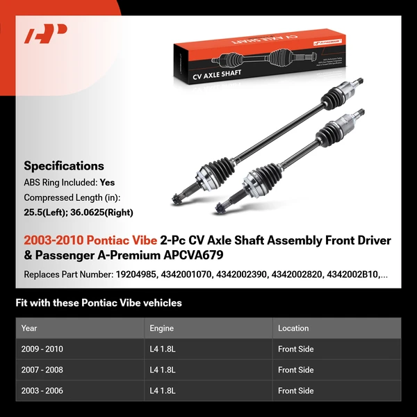 2003-2010 Pontiac Vibe 2-Pc CV Axle Shaft Assembly Front Driver & Passenger A-Premium APCVA679