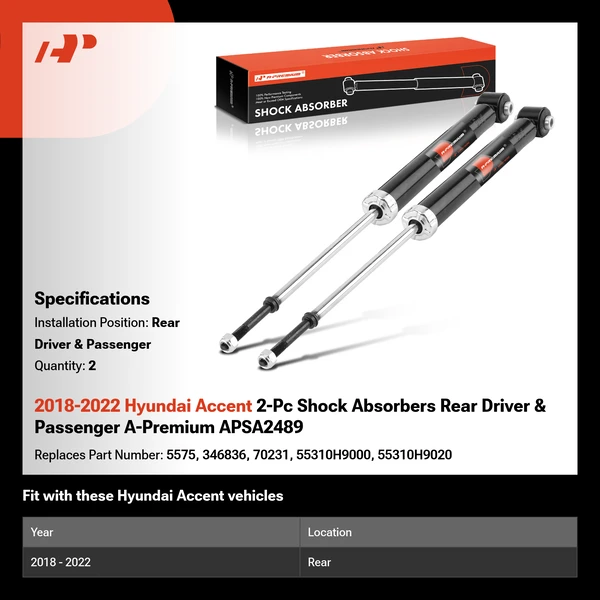 2018-2022 Hyundai Accent 2-Pc Shock Absorbers Rear Driver & Passenger A-Premium APSA2489
