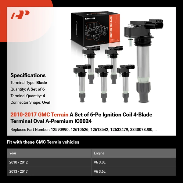 2010-2017 GMC Terrain A Set of 6-Pc Ignition Coil 4-Blade Terminal Oval A-Premium IC0024