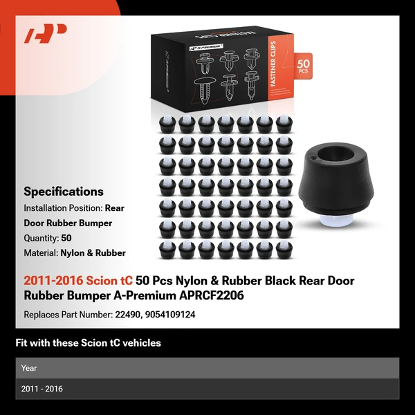 2011-2016 Scion tC 50 Pcs Nylon & Rubber Black Rear Door Rubber Bumper A-Premium APRCF2206
