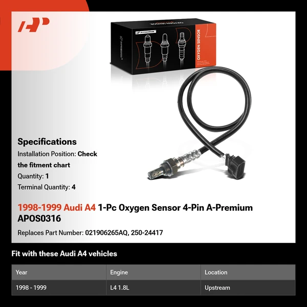 1998-1999 Audi A4 1-Pc Oxygen Sensor 4-Pin A-Premium APOS0316